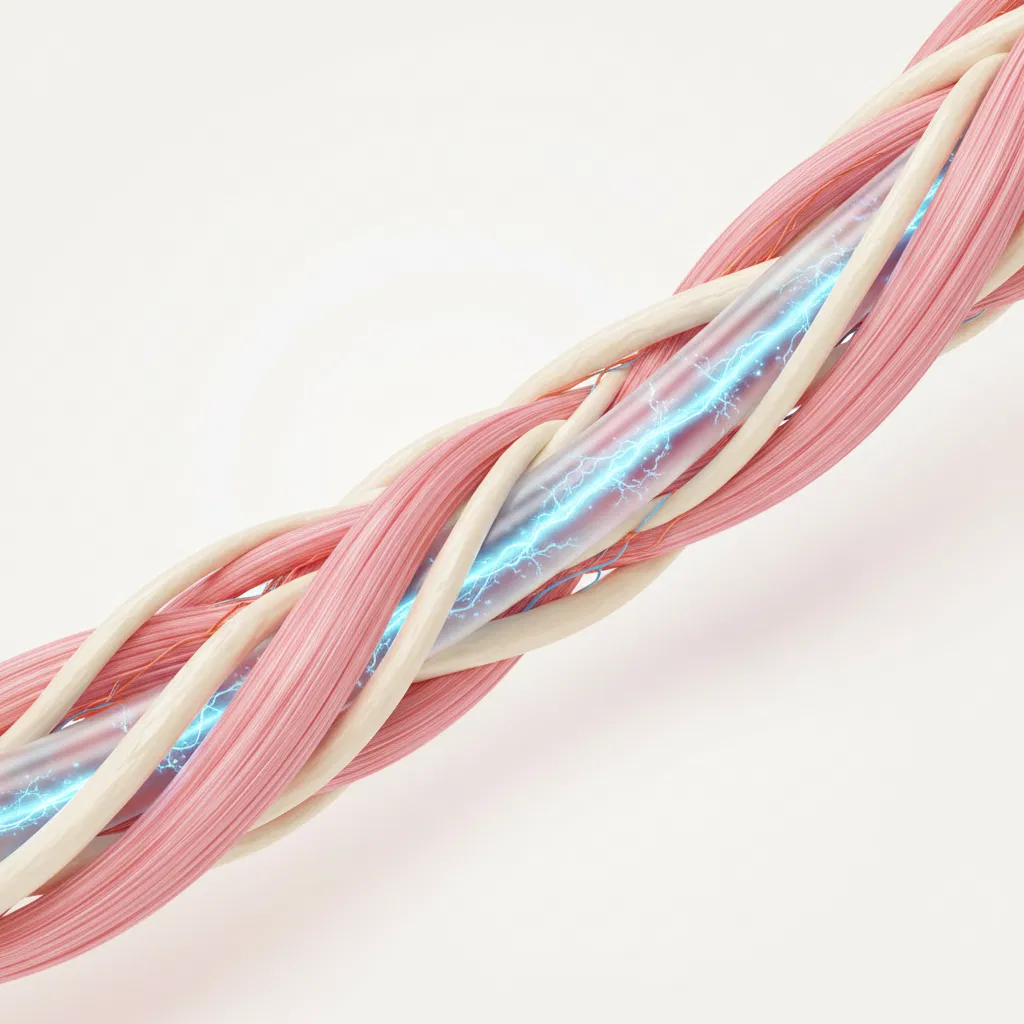 3D-render av frisk nervfiber med blå elektriska impulser