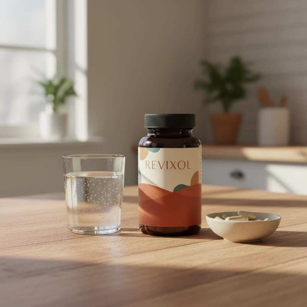 Revixol-burk med kapslar och örter på träyta